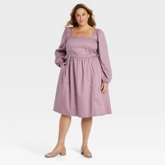 Ava & Viv Women's Balloon Long Sleeve Woven Midi A Line Dress Mauve Size 1X - Picture 1 of 6